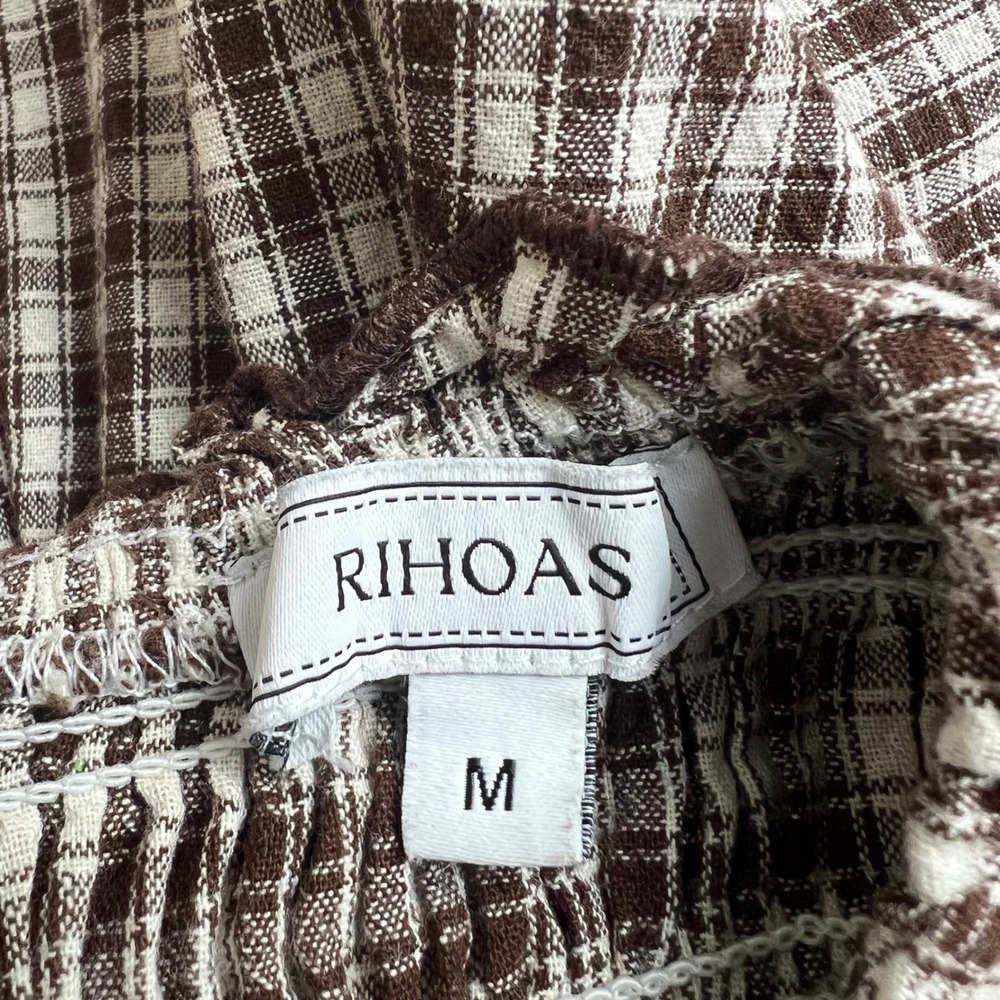 RIHOAS Brown Gingham Smocked Mini Dress Cotton Puff Sleeve Cottagecore Medium - Picture 6 of 9